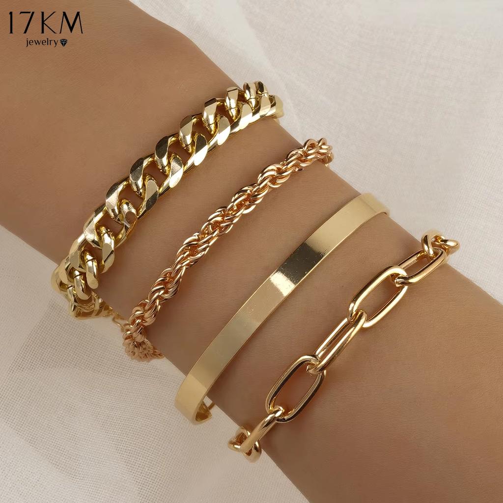 17 км 4 шт. панк золотой цвет кубинский звено цепи браслет набор для женщин винтажная змея цепь браслеты с подвесками пара ювелирные изделия подарки