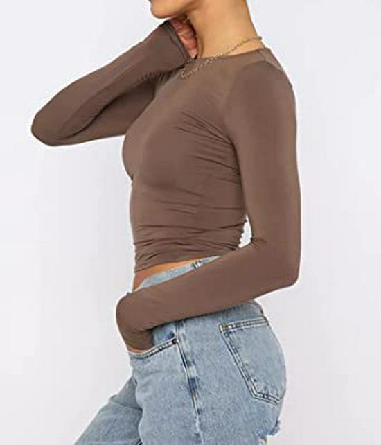 2023 Женская футболка с длинным рукавом, приталенная, нестандартная, однотонная, с круглым вырезом