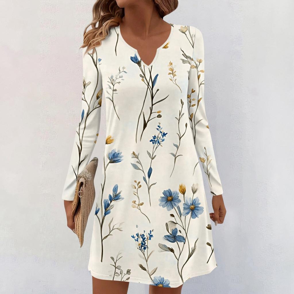 Women's Long-sleeved Casual Midi Dresses V-Neck Print Casual Dress