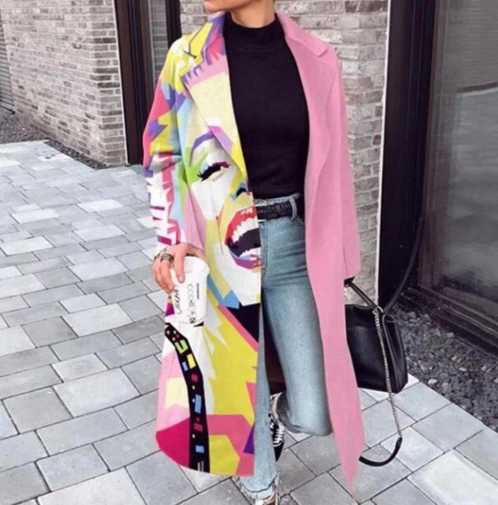 Europe And The United States Fall Women's Long-sleeved Lapel Coat Printed Tweed Long Coat