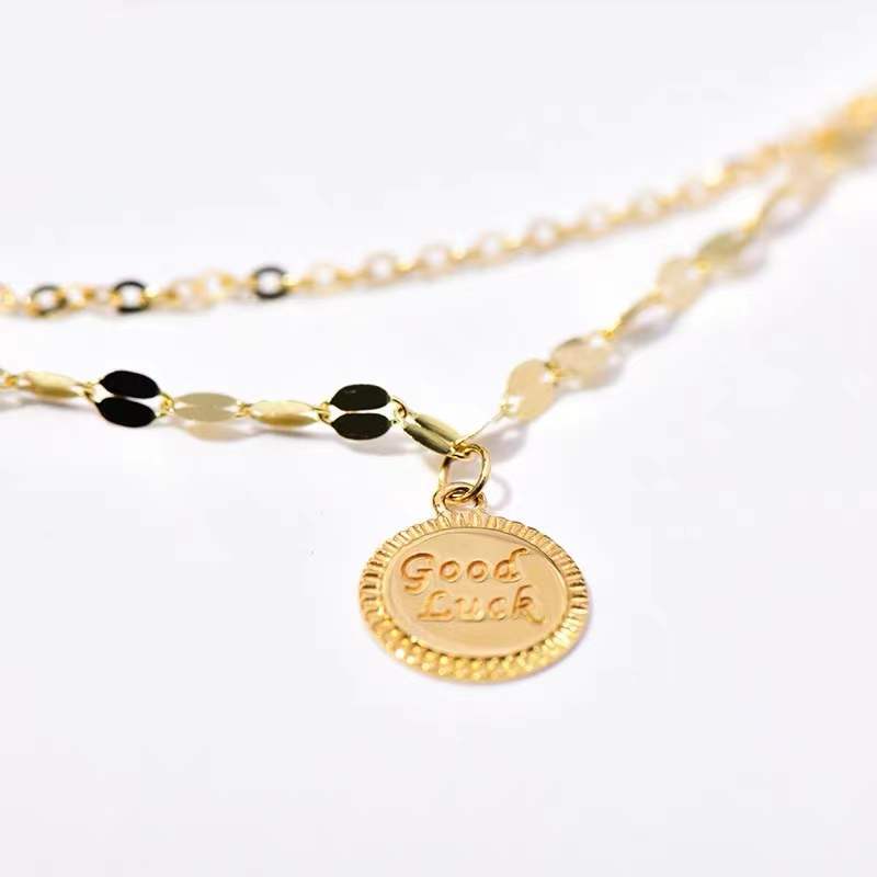 S925 Sterling Silver Handmade Anklet Lucky Wafer Pendant Two-Tier Adjustable Foot Ornaments Women