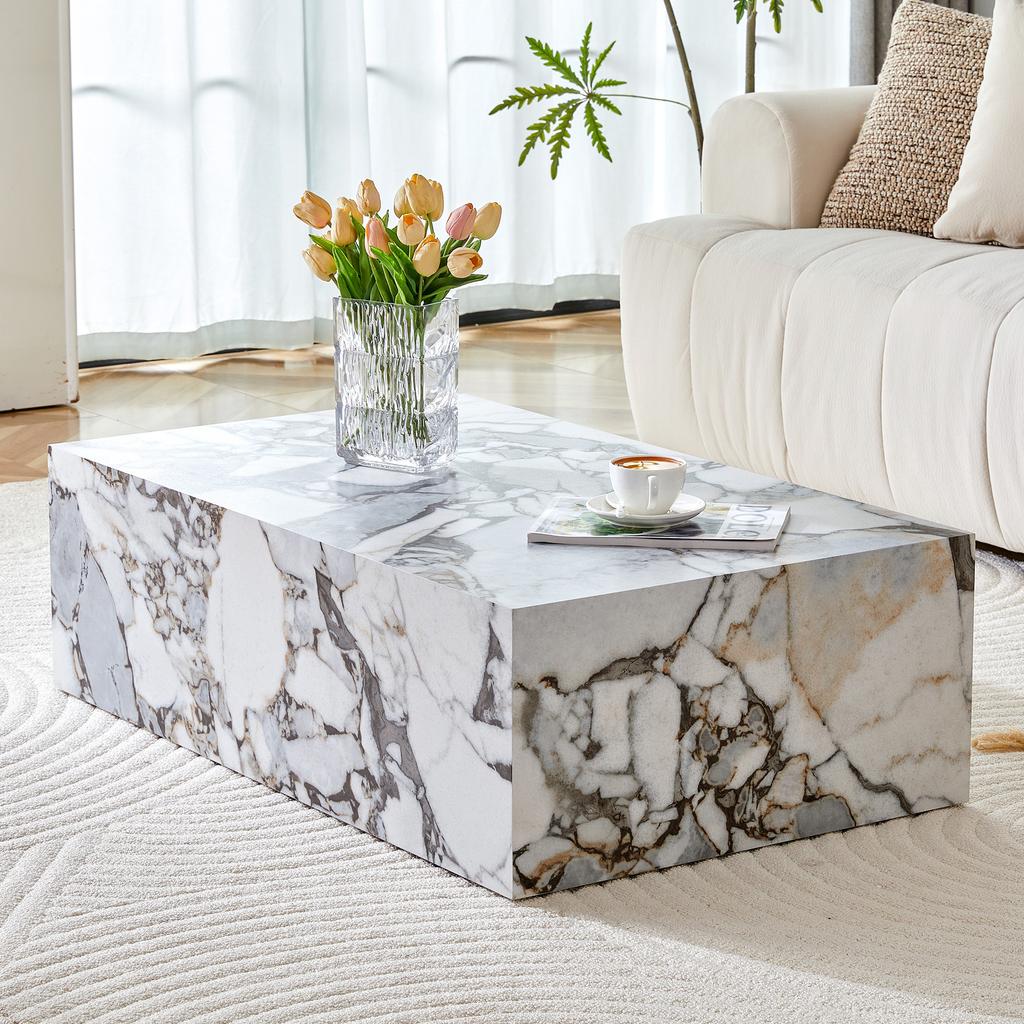 White rectangular coffee table, marble-imitation texture, 90×50×30 cm, MDF, no assembly required. Luxury, Scandinavian, Northern European style.