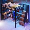Loft Bed, 140x 200 cm, Metal Bed, Shelf Surface, Drawer, Pegboard, Desk, Power Outlet, LED Light, without Mattress, Black