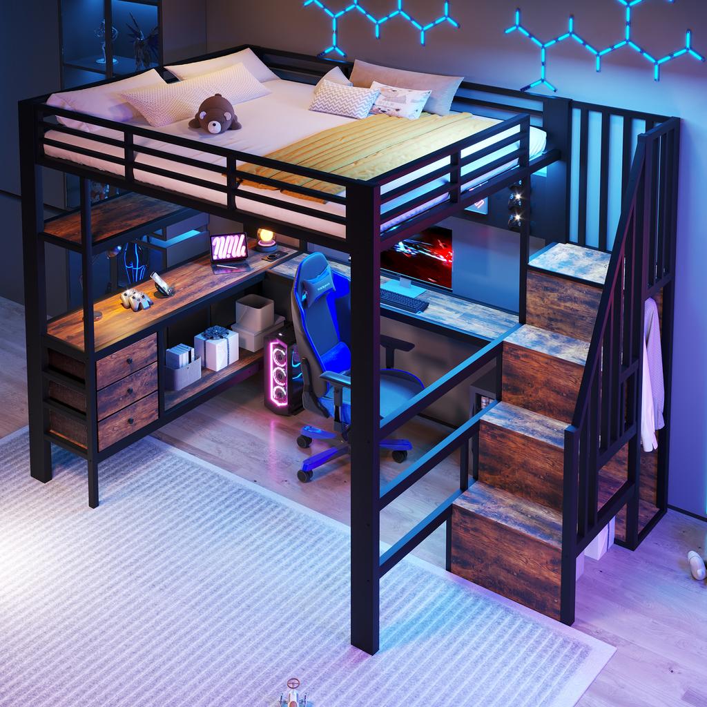 Loft Bed, 140x 200 cm, Metal Bed, Shelf Surface, Drawer, Pegboard, Desk, Power Outlet, LED Light, without Mattress, Black