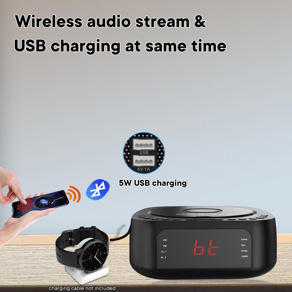 Многофункциональный CD/MP3-плеер Five In One, Bluetooth USB, два стереодинамика, дисплей часов, будильник