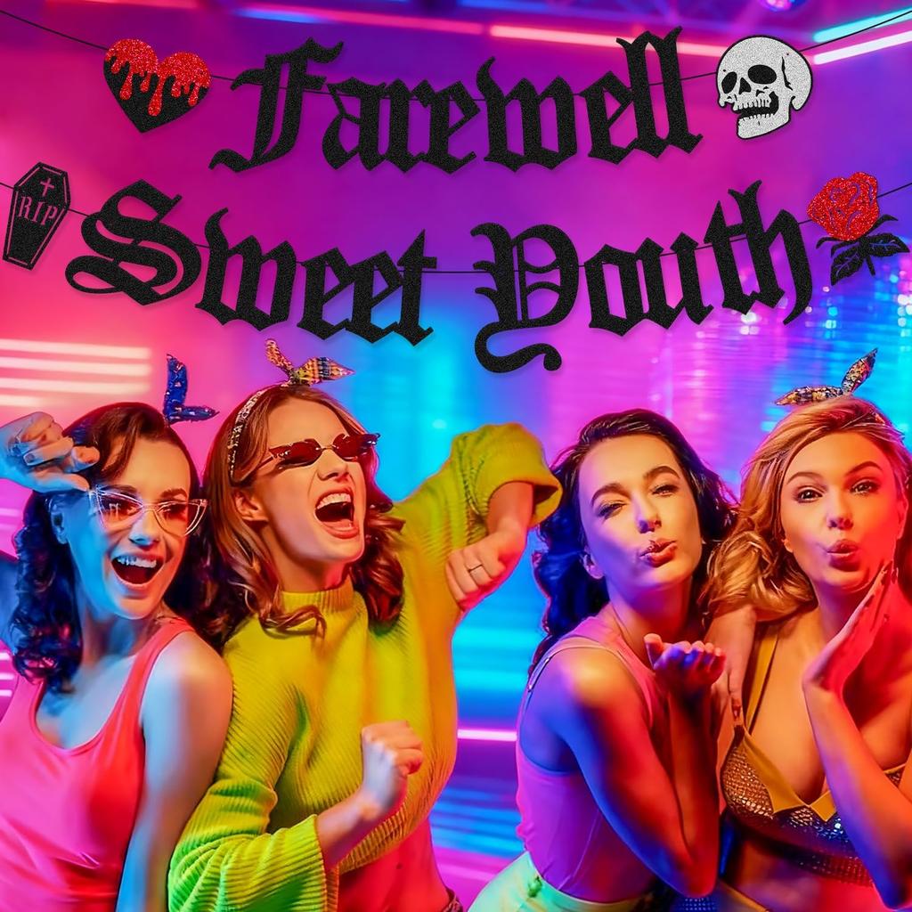 Farewell Sweet Youth Banner Funeral for My Youth Birthday Decorations Gothic Death Rip to my 20th 30th 40th bday Backdrop Bachelorette Retirment