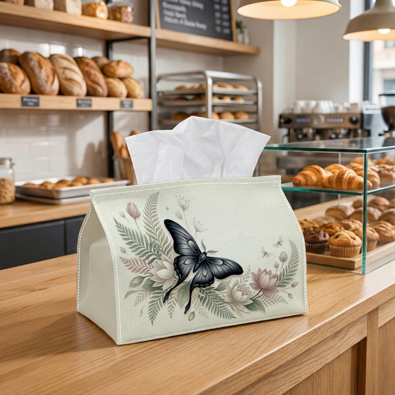 1pc Party Tissue Box, Vintage Oriental Design, Multifunctional Tissue Holder Featuring a Black Butterfly Fern Lotus, Perfect for Outdoor Gatherings, E