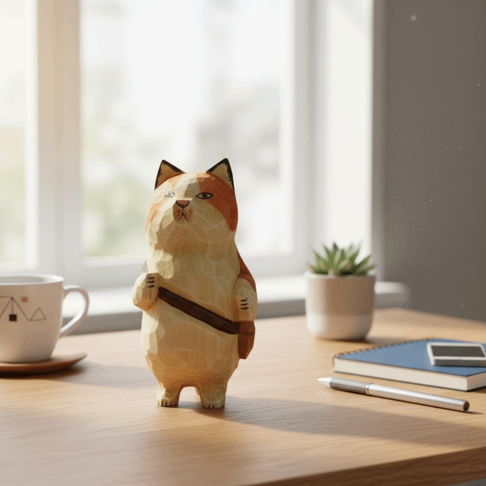Handmade Wood Carving Cat Ornament Cartoon Cat Figurines Painted Cat Sculpture  Home Decoration