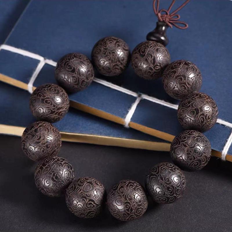 Браслет из бусин из черного сандалового дерева с лазерной гравировкой, с благоприятными облаками и дизайном «Намо Амитабха Будда»