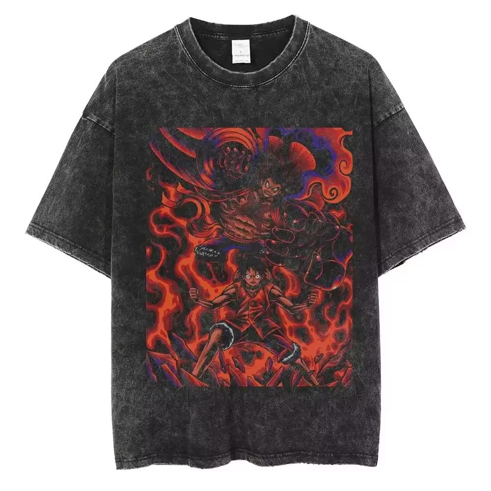 Nika Luffy Gear ONE PIECE Anime Harajuku Retro Washed Tshirt Cotton Men Streetwear Women Short Sleeves Unisex Top