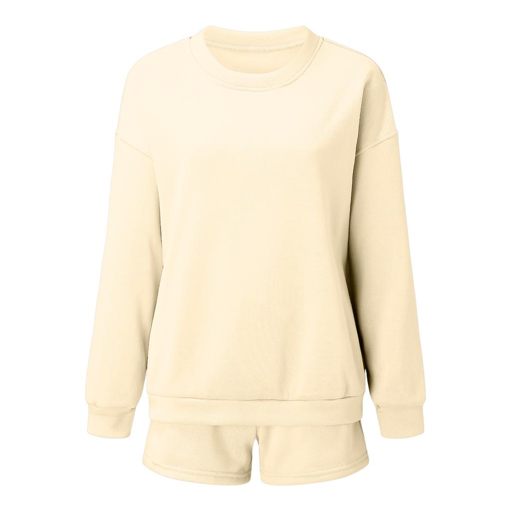 Women's Comfortable Casual Fashionable Solid Color Round Neck Sweatshirt Shorts Two-piece Set