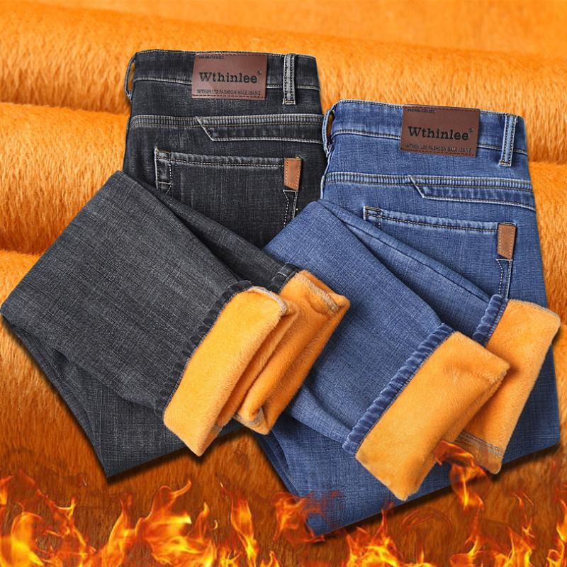 Новые осенне-зимние мужские утепленные и утолщенные джинсы эластичные узкие прямые универсальные джинсовые брюки