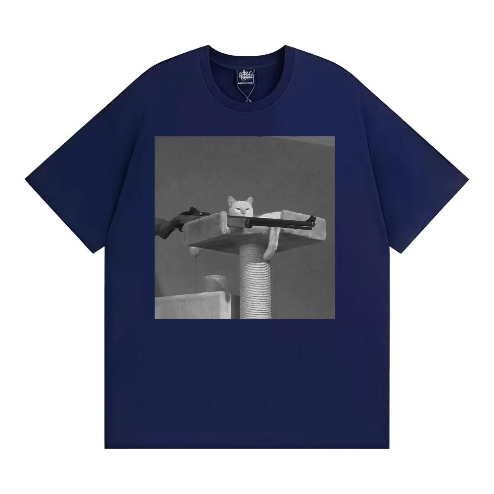 Funny Outlaw Cat with Gun Meme Vintage Graphic T Shirt Unisex Fashion Casual O-Neck T-shirts Men High Quality T-shirt Streetwear