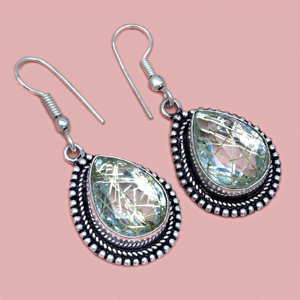 Rutile Golden Set Earring Jewelry 18-20'' Pendant Quartz Sterling