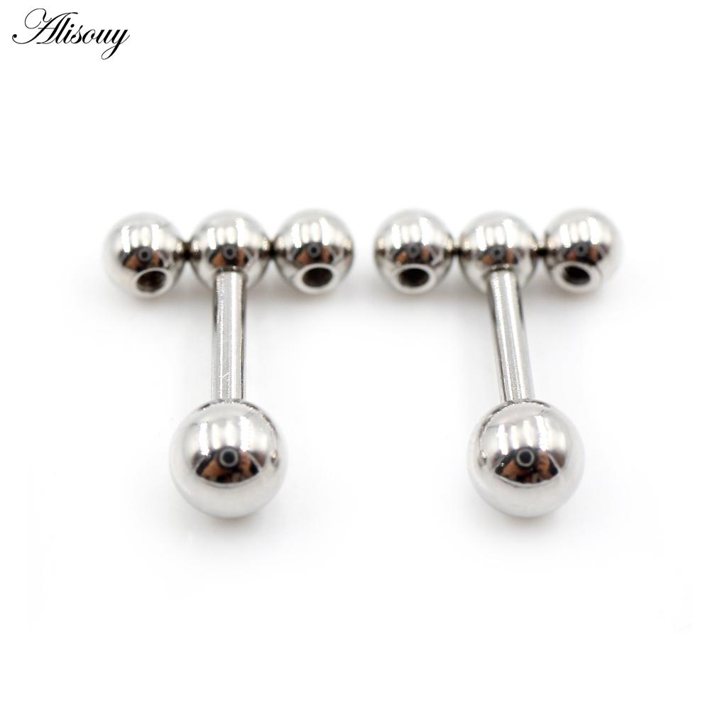 Alisouy 2PC нержавеющая сталь резьба три шарика фасоль женщины мужчины девушка серьги гвоздик хрящ винт серьги пирсинг ювелирные изделия