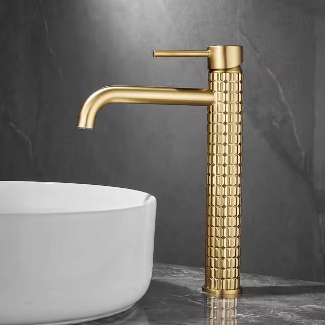 Tuqiu Brush Gold Bathroom Basin Faucets Art Carved Sink Mixer Tap Hot & Cold Deck Mounted Grey Lavatory Crane Water Tap