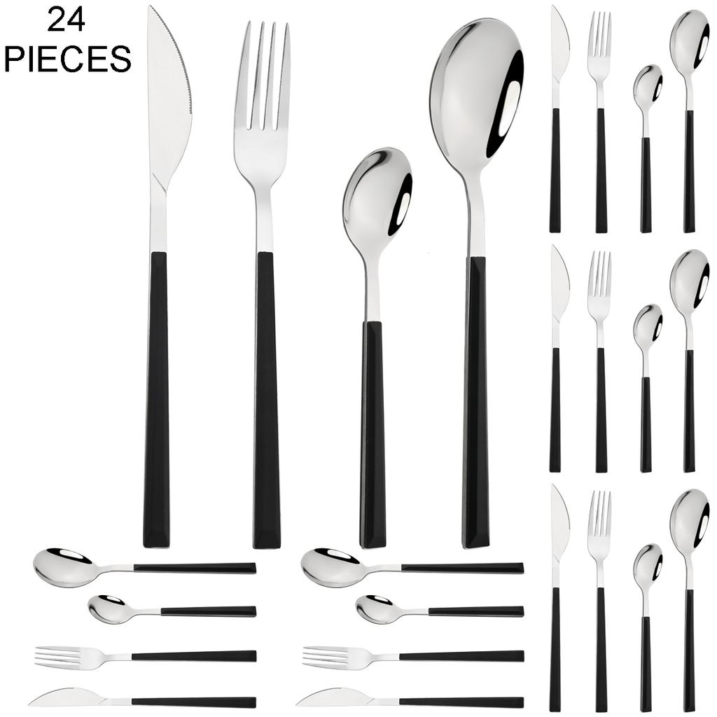 24Pcs Imitation Wooden Handle Cutlery Set Knife Dessert Fork Coffee Spoon Dinnerware Set Gold Kitchen Tableware Stainless Steel Flatware