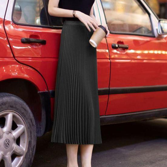 Women Pleated Midi Skirt Elastic High Waist Solid Color Smooth Outline Skirt Slimming Midi Skirt Daily Wear