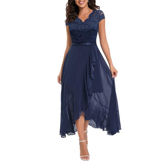 Women Party Dress Lace V Neck Ruffle Sleeveless Irregular Hem Dress-up Tight Waist Loose Hem Women Prom Dress