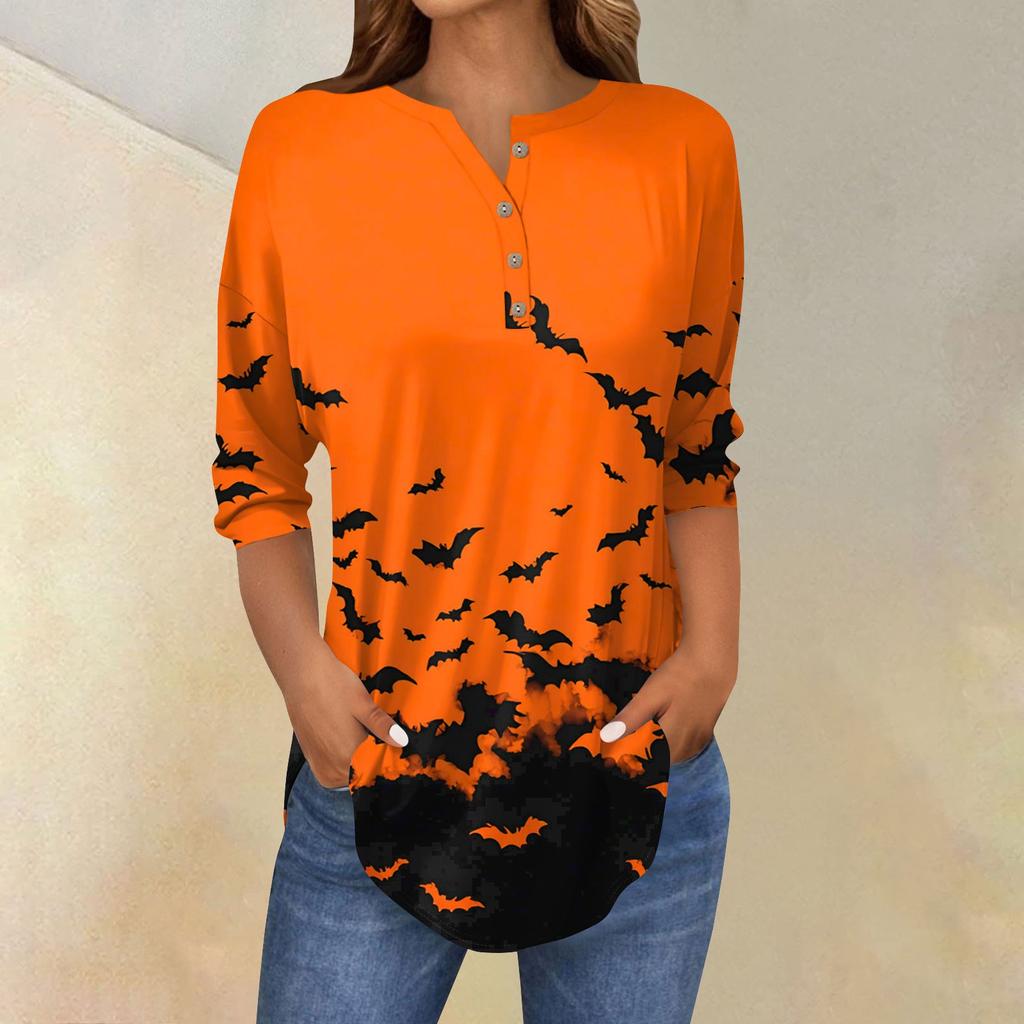 Женская модная свободная футболка с пуговицами на воротнике, с принтом на Хэллоуин, с длинным рукавом, топ, пуловер