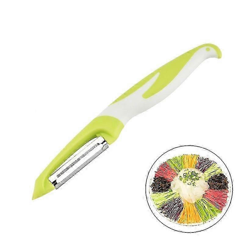 Fruit and vegetable peeler with serrated stainless steel blades, ergonomic handle, and potato sprout remover. Light Green.