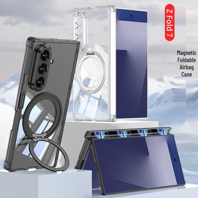 Samsung Z Fold7 Airbag Anti-Fall MagSafe Case with Rotating Ring Stand and Transparent Shell