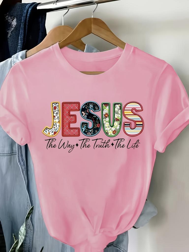 T-shirt Women's Casual Crewneck T-shirt Colorful Letter Jesus rint with Short Sleeves Soft Fabric Comfortable for All Seasons
