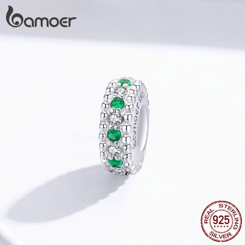 BAMOER Sparkling Emerald Round Charms 925 Sterling Silver Green Zircon Beads Fit Original Bracelet