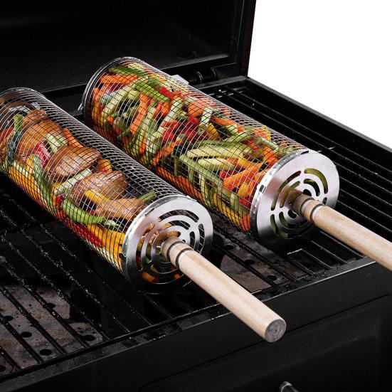 1/2Pcs Stainless Steel BBQ Cage with Wooden Handles Easy To Clean Rolling Barbecue Basket Even Heating Barbecue Basket