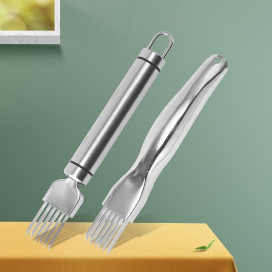 Луковица-резак из нержавеющей стали с несколькими лезвиями и защитным чехлом, эргономичная ручка. Эффективный кухонный инструмент для домашнего приготовления пищи.