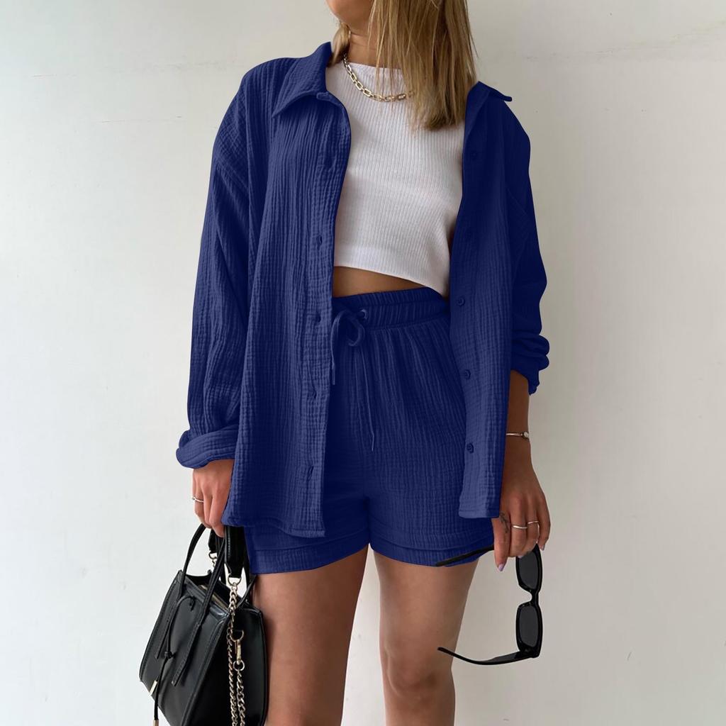 Two Piece Women's Summer Muslin Blouse Shirt And Shorts Clothes Two Piece Set Beach Outfit Set Two Piece Set Women