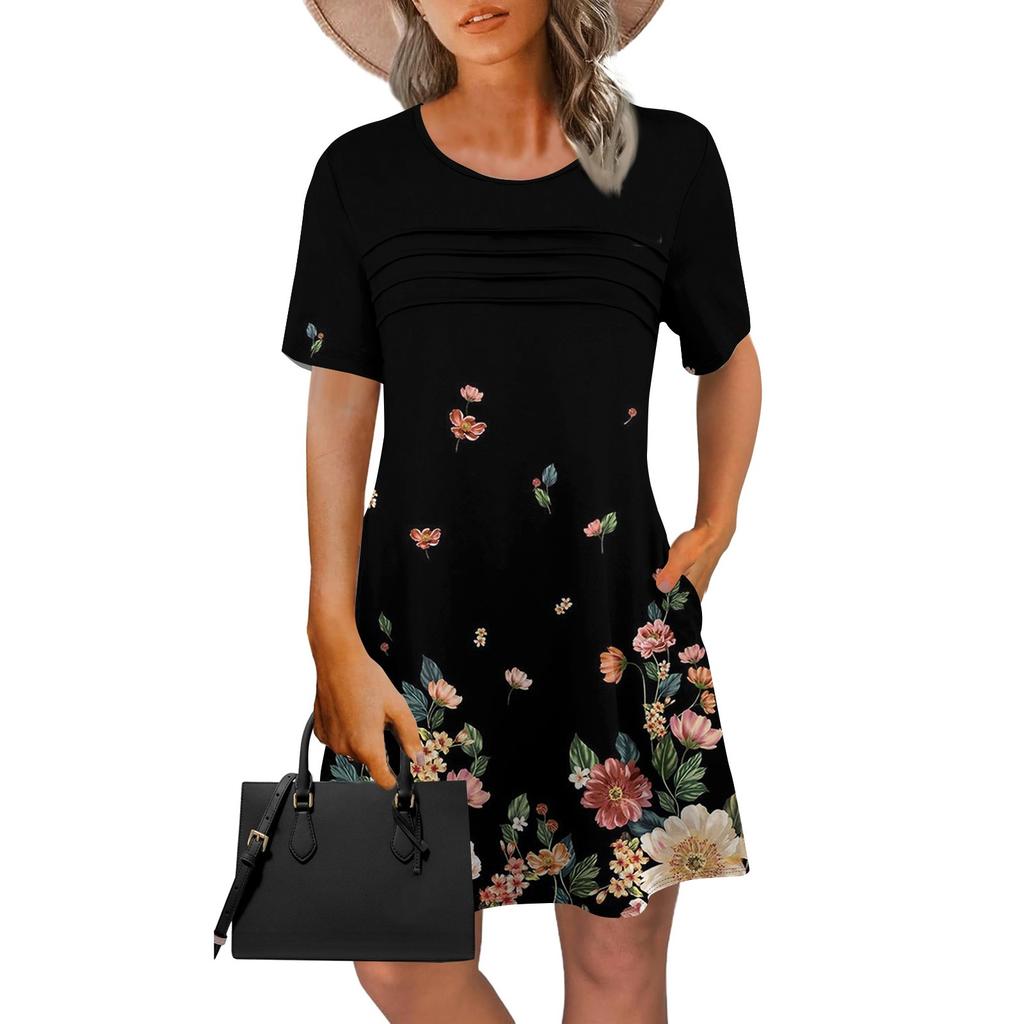 Женское летнее винтажное платье с цветочным принтом, повседневное платье с коротким рукавом и круглым карманом