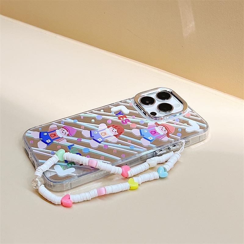 Силиконовый чехол Zhitai Cartoon для iPhone 15 Pro/14/13 Pro: Три в одном: зеркало и браслет