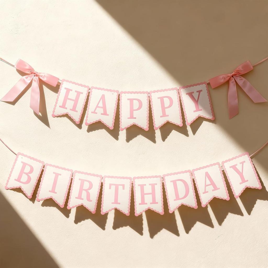 JIEYAO Pink Bow Happy Birthday Banner, Coquette Birthday Garland with Scalloped Letters for Bow Birthday Decorations Women Cake Smash Party