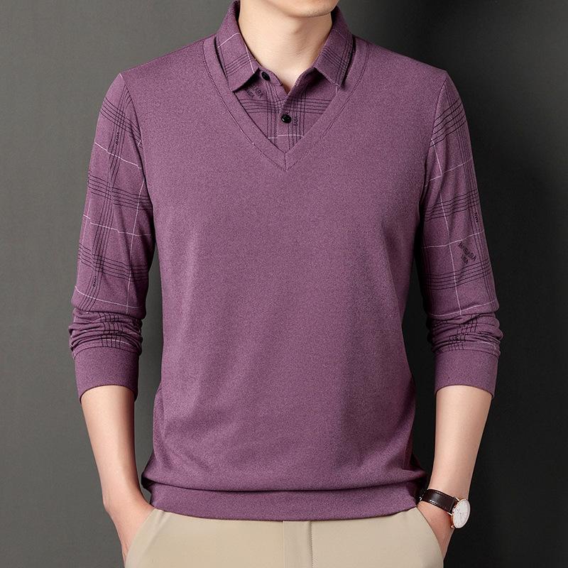 Spring and Autumn Men's Long-Sleeved Fake Two-Piece T-shirt Middle-Aged Lapel Casual Plaid Polo Shirt Top
