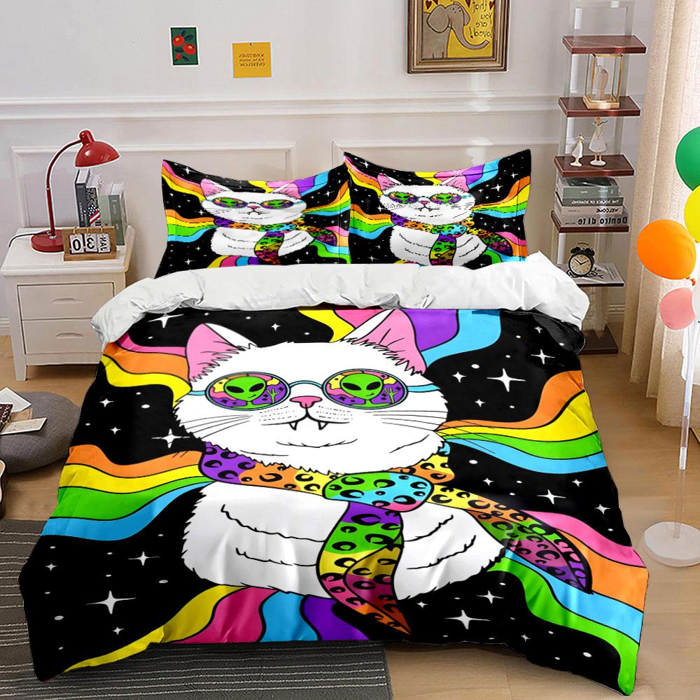 Cat, aliens, rainbow, stars. Bedding sets Duvet cover sets Duvet covers Pillowcases(1*Duvet Cover 2*Pillowcases without duvet insert)