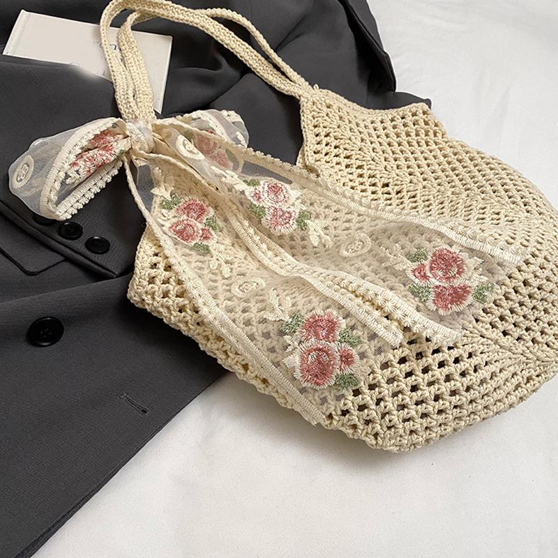 Solid Color Crochet Tote Handbag Summer Beach Scarf Decor Fashion Women's Mesh Woven Shoulder Bags Large Capacity Knitting Underarm Bag CLE