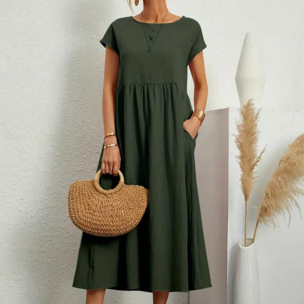 Однотонное свободное платье из хлопка и льна без рукавов с карманами