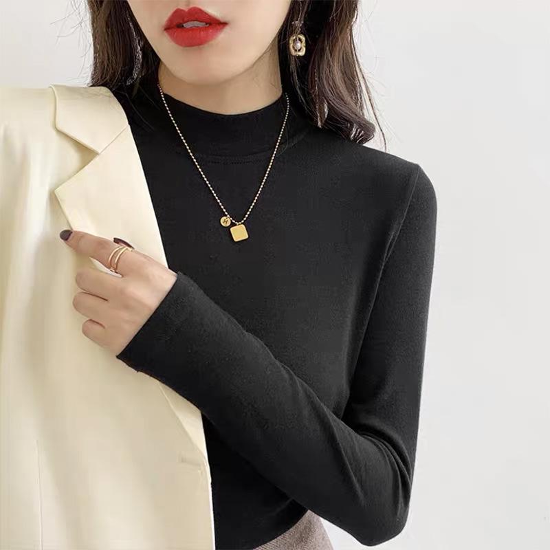 Half High Collar Long Sleeve T-Shirts Women Top Autumn Winter Solid Loose Modal T-shirt Top