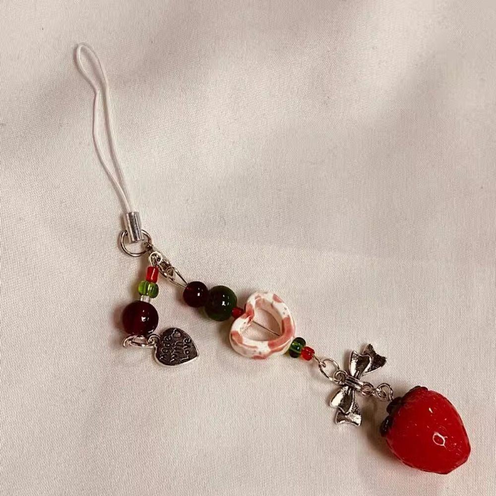 Y2K 3D Strawberry Phone Strap Cute Love Heart Pendant Keychain  Bag Phone Accessories