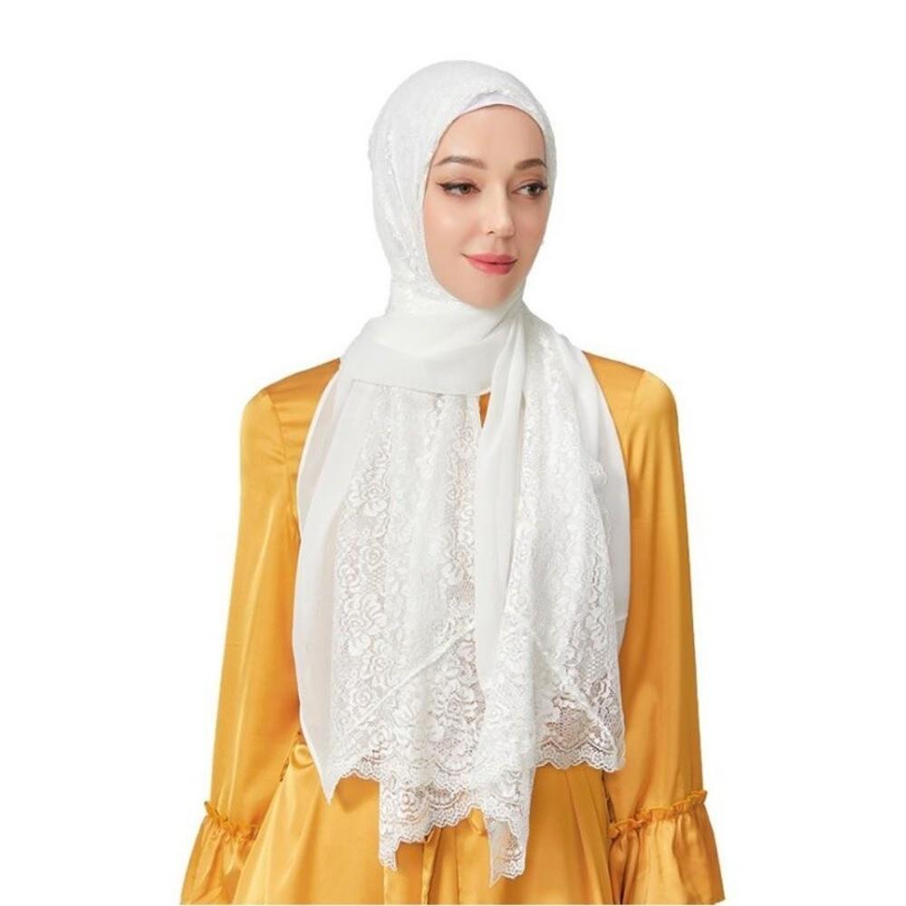 Solid Color Silk Scarf Lace Edge Ramadan Headscarf Versatile Headwraps Women Headwear