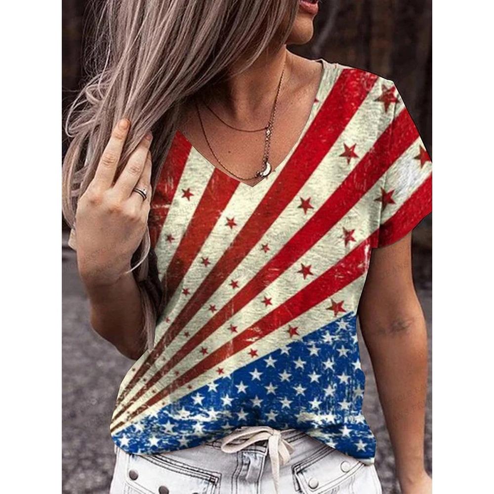 American Flag 3d Print T-shirt Women Fashion V-Neck T-shirts Short Sleeve Tops Tees Loose Casual Tees