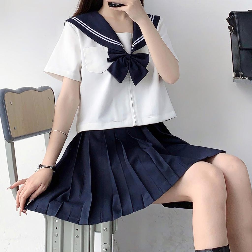 Sailor Navy Long Short High School Bow JK Top and Bottom School School Graduation Welcoming and Farewell Large Cute Sleeve [GSYCL] Uniform, Blue,