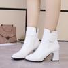 White Black Thick High Heel Ankle Boots Women  Pointed Toe Keep Warm Elegant Short Booties Ladies Ankle Buckle Decoration