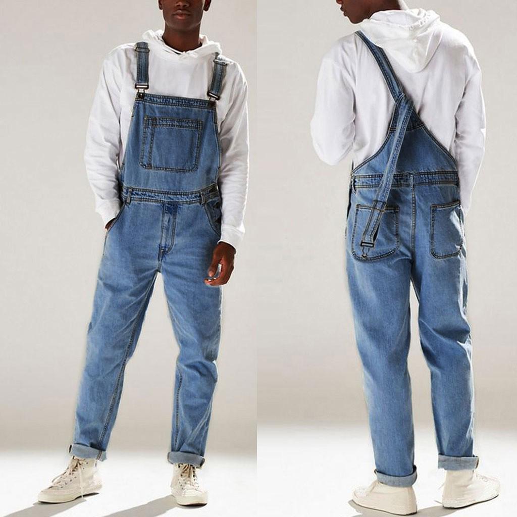 (SU)Mens Pocket Jeans Overall Jumpsuit Streetwear Overall Suspender Pants