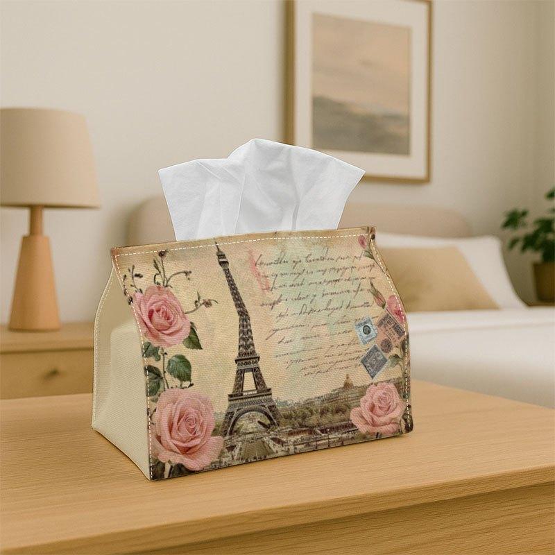 1pc Vintage Romantic Paris Tissue Box - Eiffel Tower Rose Postcard Durable Decorative Storage Organizer for Kitchen, Living Room, Bedroom, And Parties
