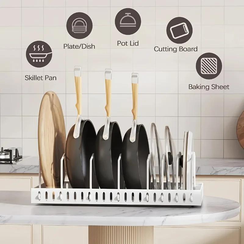 Гениальный выдвижной органайзер для шкафа! 8 регулируемых разделителей для крышек, подносов и кухонной утвари - Максимизируйте пространство выдвижного шкафа.