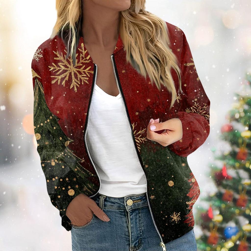 Женская легкая короткая куртка с длинными рукавами на молнии с принтом, повседневная стеганая куртка с карманами, рождественская