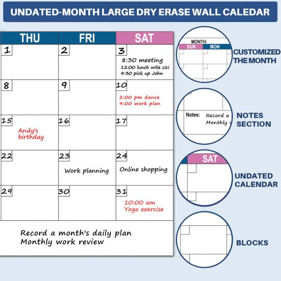 Очень большой календарь без даты Легкое планирование Многоразовая матовая белая доска на стену