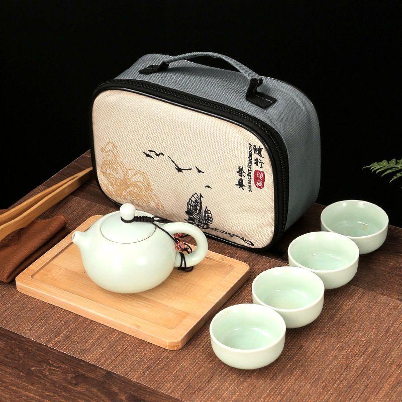Travel Tea Set Retro Outdoor Portable Kung Fu Ceramics One Pot Four Cups with Tea Tray Company Gifts Cheap